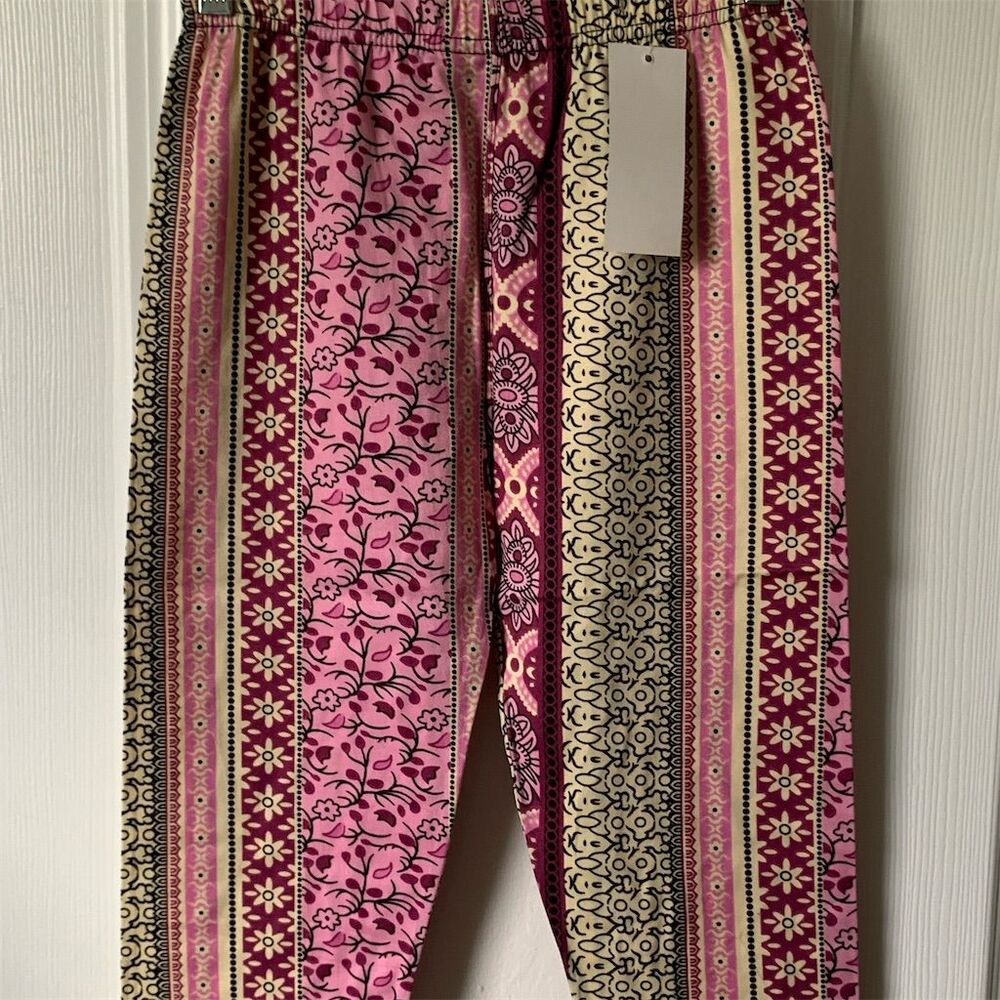 DOCELE Women's Pink Boho Floral High Waist Capris Leg Pants‎ One Size